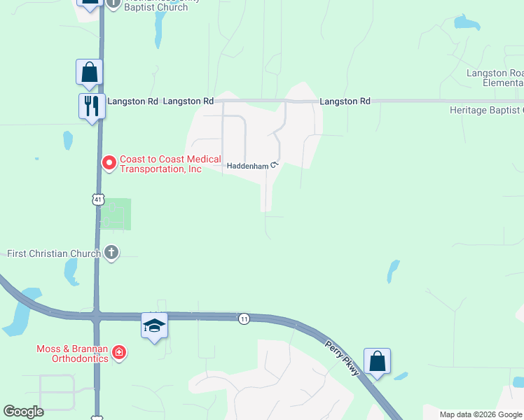 map of restaurants, bars, coffee shops, grocery stores, and more near 127 Sutton Drive in Perry