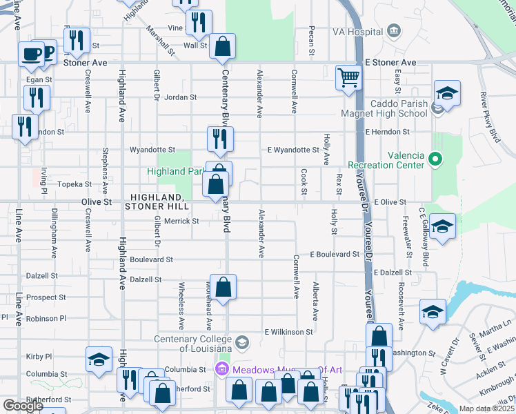 map of restaurants, bars, coffee shops, grocery stores, and more near 105 Olive Street in Shreveport