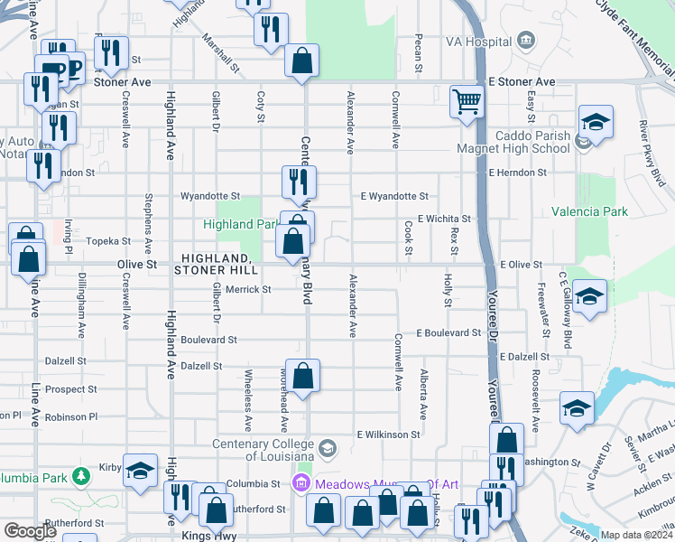 map of restaurants, bars, coffee shops, grocery stores, and more near 121 Olive Street in Shreveport