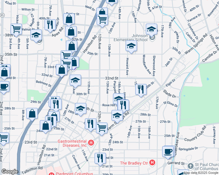 map of restaurants, bars, coffee shops, grocery stores, and more near 3105 13th Avenue in Columbus