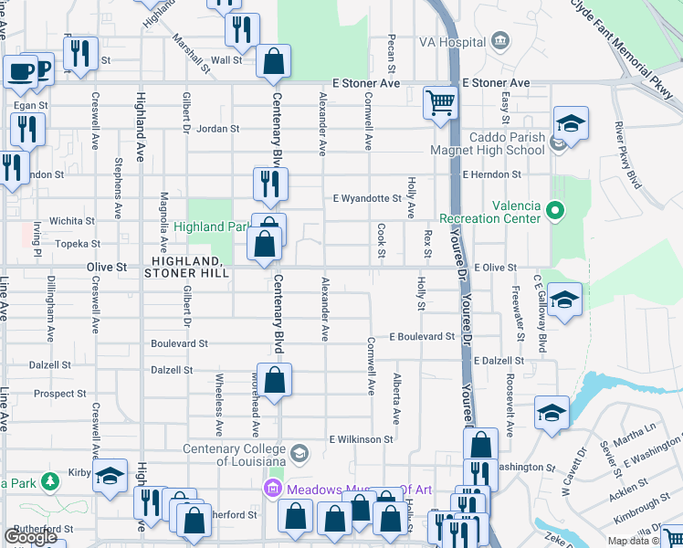 map of restaurants, bars, coffee shops, grocery stores, and more near 106 East Olive Street in Shreveport