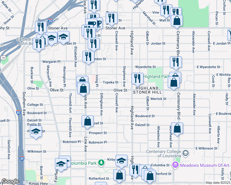 map of restaurants, bars, coffee shops, grocery stores, and more near 618 Olive Street in Shreveport
