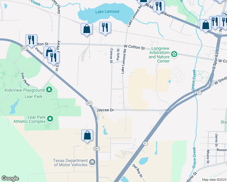 map of restaurants, bars, coffee shops, grocery stores, and more near 1207 Temple Street in Longview