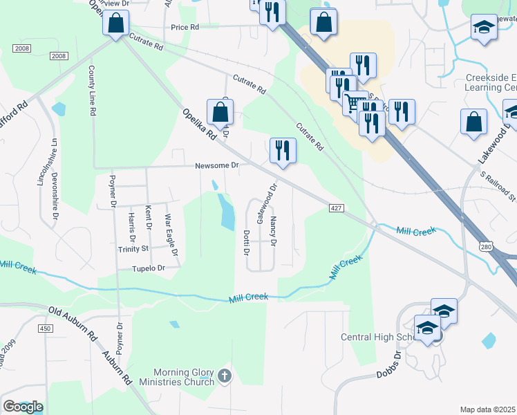 map of restaurants, bars, coffee shops, grocery stores, and more near 3011 Gatewood Drive in Phenix City