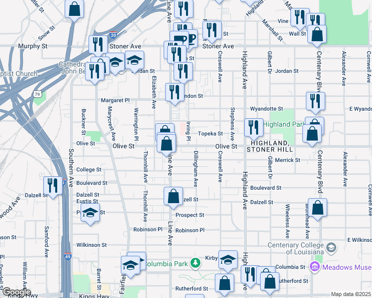 map of restaurants, bars, coffee shops, grocery stores, and more near 650 Olive Street in Shreveport