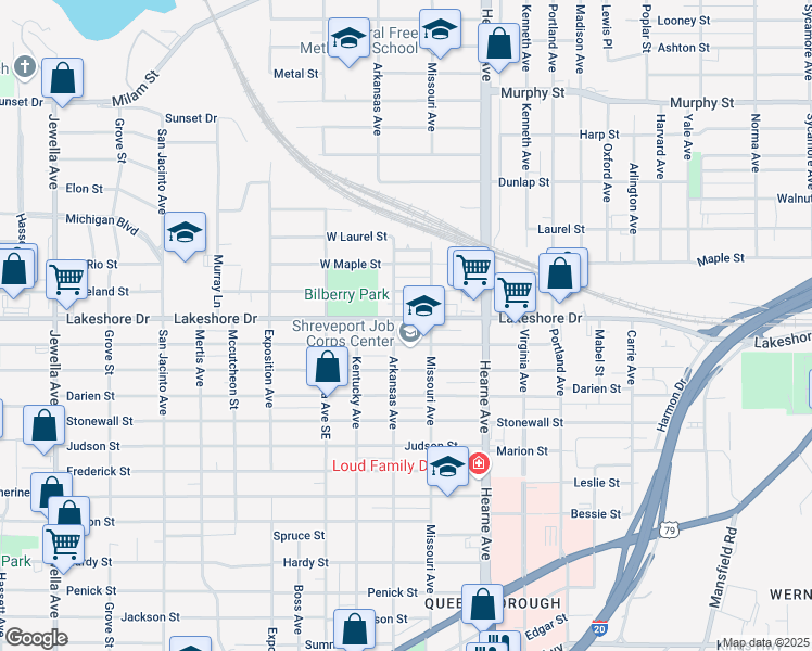 map of restaurants, bars, coffee shops, grocery stores, and more near 2815 Lillian Street in Shreveport