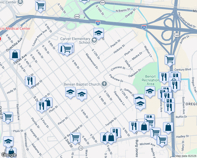 map of restaurants, bars, coffee shops, grocery stores, and more near 1109 South 10th Street in Monroe