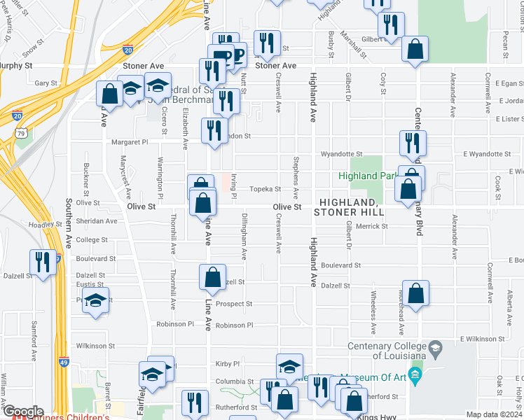 map of restaurants, bars, coffee shops, grocery stores, and more near 629 Olive Street in Shreveport