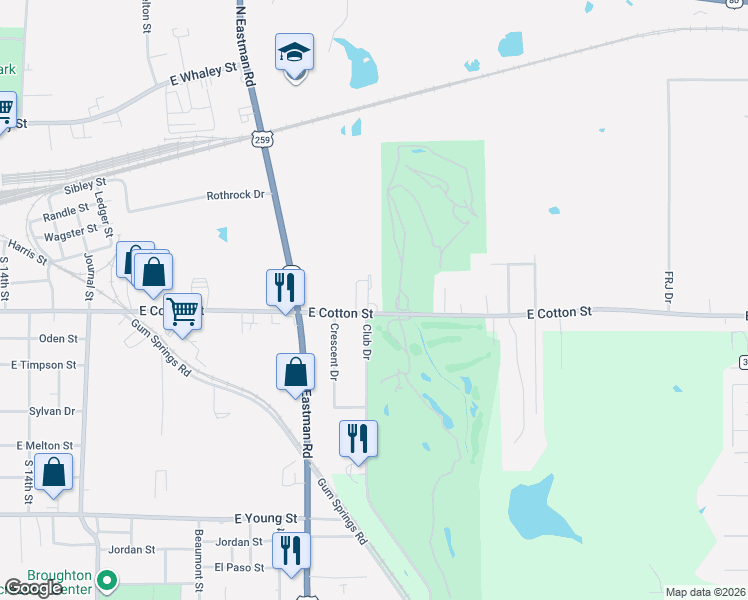 map of restaurants, bars, coffee shops, grocery stores, and more near 112 North Club Drive in Longview