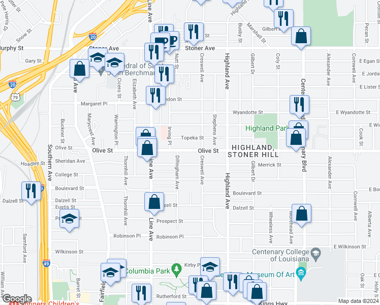 map of restaurants, bars, coffee shops, grocery stores, and more near 627 Olive Street in Shreveport