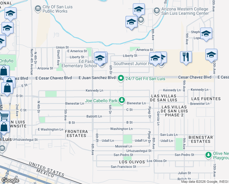 map of restaurants, bars, coffee shops, grocery stores, and more near 10186-10232 South Kennedy Lane in San Luis