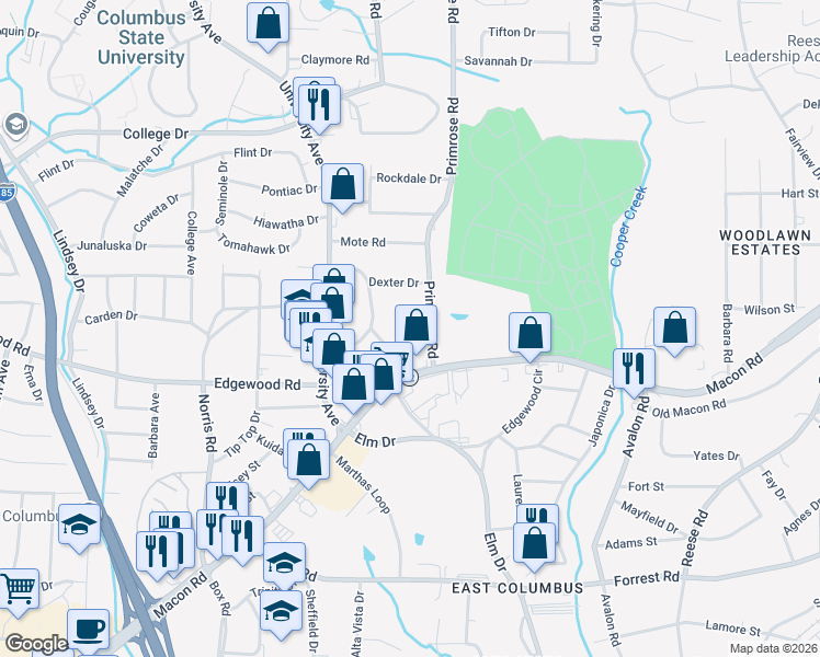 map of restaurants, bars, coffee shops, grocery stores, and more near 10 Primrose Court in Columbus