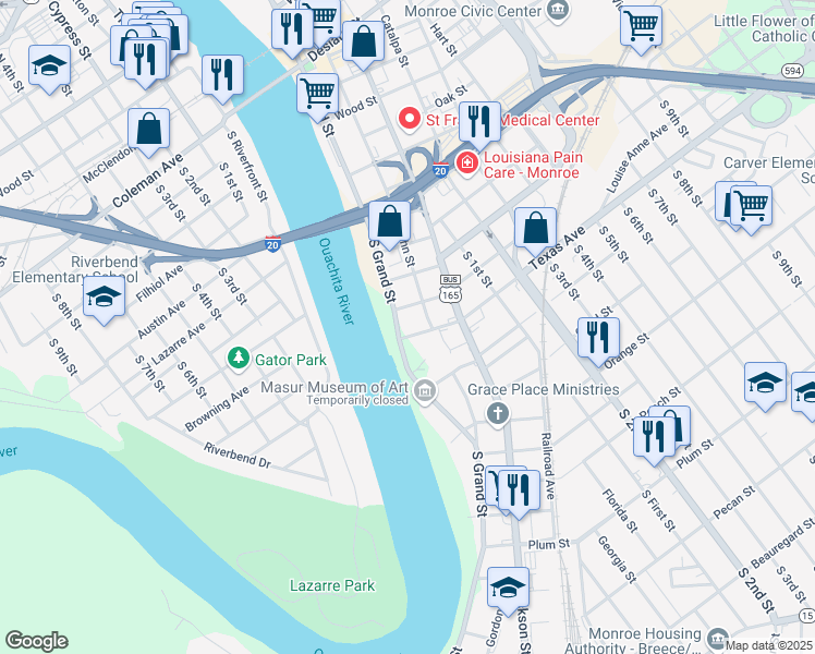 map of restaurants, bars, coffee shops, grocery stores, and more near 1011 South Grand Street in Monroe