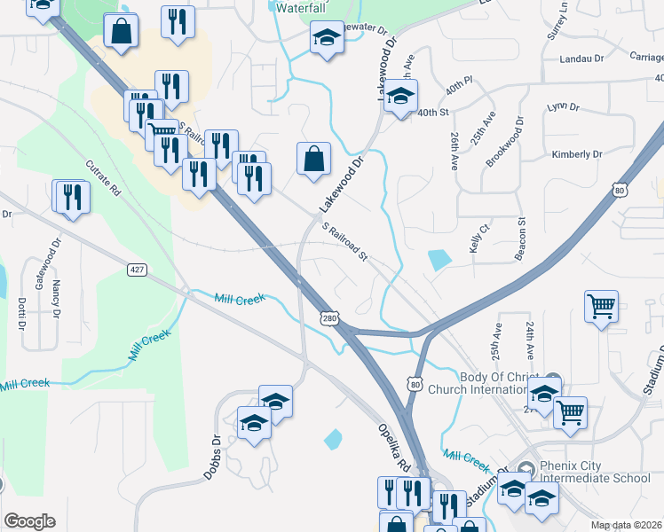 map of restaurants, bars, coffee shops, grocery stores, and more near 3506 Carrington Place in Phenix City