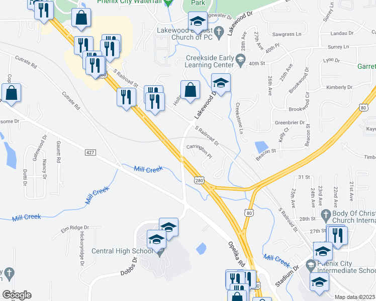map of restaurants, bars, coffee shops, grocery stores, and more near 3411 Canopy Court in Phenix City