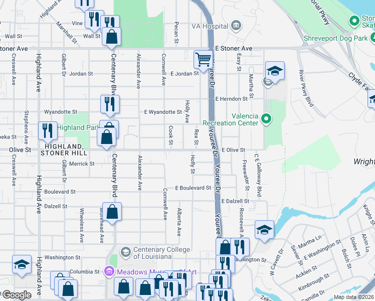 map of restaurants, bars, coffee shops, grocery stores, and more near 1848 Jenkins Avenue in Shreveport
