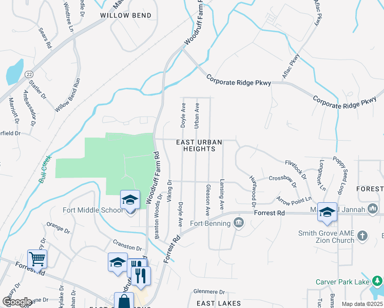 map of restaurants, bars, coffee shops, grocery stores, and more near 3117 Urban Avenue in Columbus