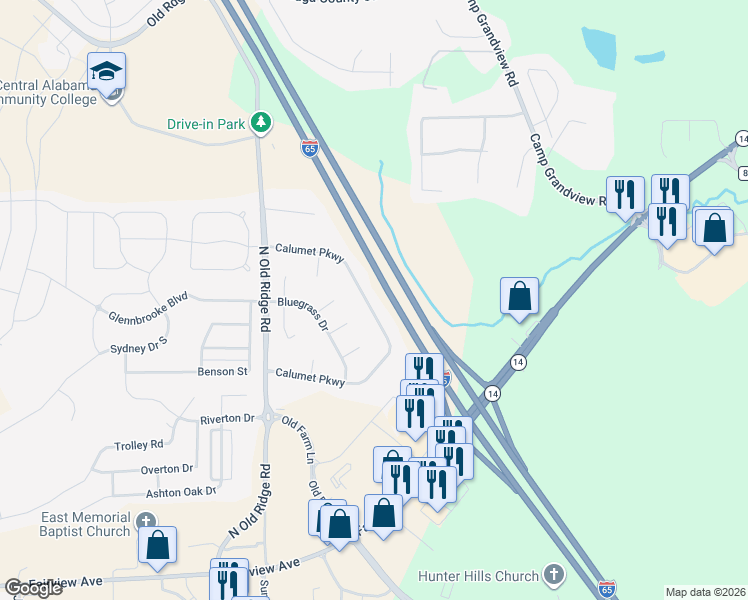 map of restaurants, bars, coffee shops, grocery stores, and more near 1972 Calumet Parkway in Prattville