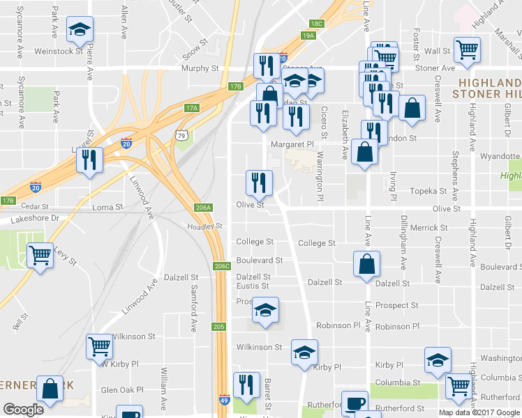 map of restaurants, bars, coffee shops, grocery stores, and more near 1027 Olive Street in Shreveport