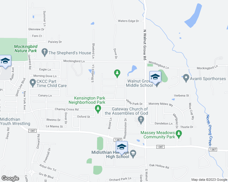 map of restaurants, bars, coffee shops, grocery stores, and more near 3629 Cambridge Drive in Midlothian