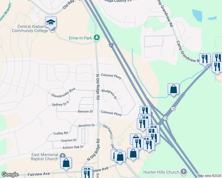 map of restaurants, bars, coffee shops, grocery stores, and more near 828 Bluegrass Drive in Prattville