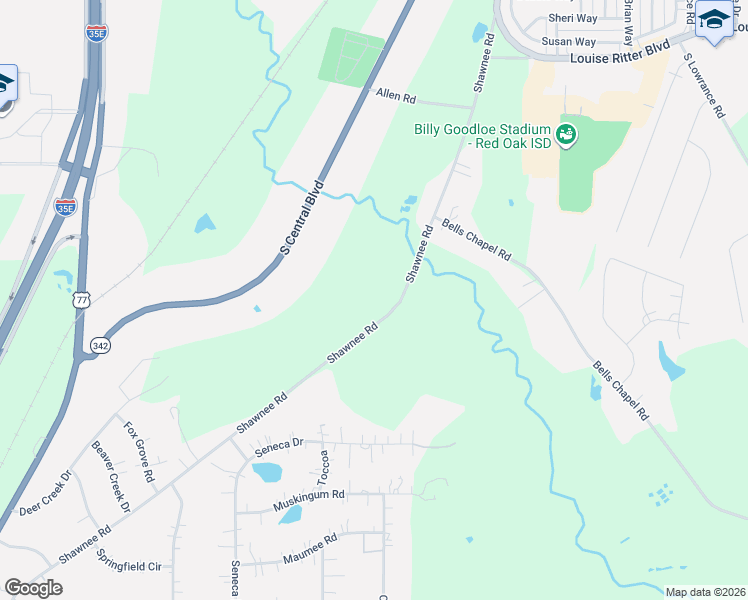map of restaurants, bars, coffee shops, grocery stores, and more near 899 Shawnee Road in Waxahachie