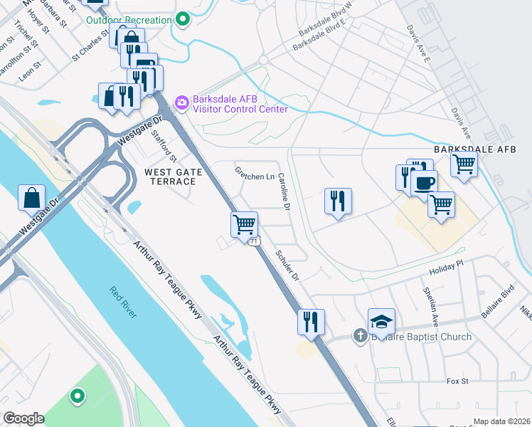 map of restaurants, bars, coffee shops, grocery stores, and more near 1208 Jane Ln in Bossier City