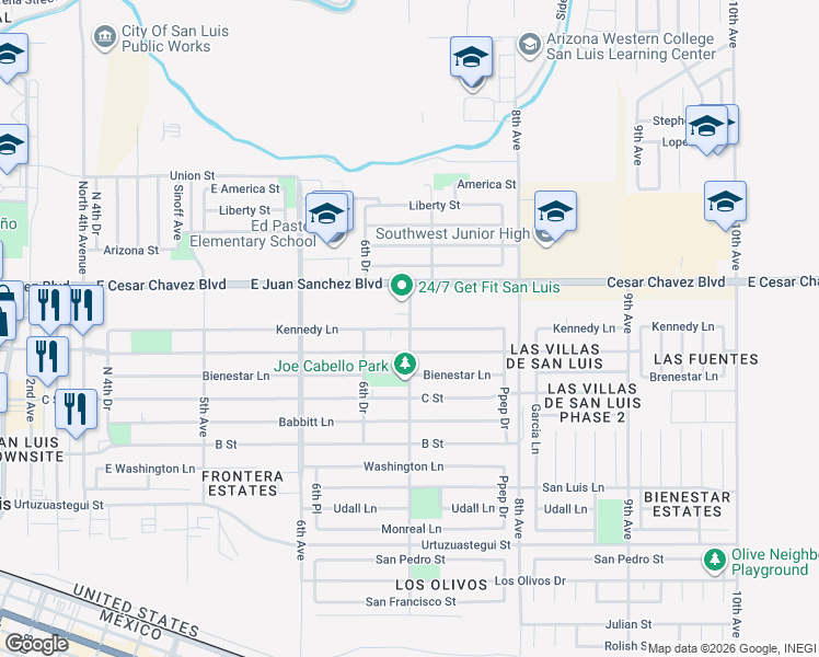map of restaurants, bars, coffee shops, grocery stores, and more near 10186 Kennedy Lane in San Luis