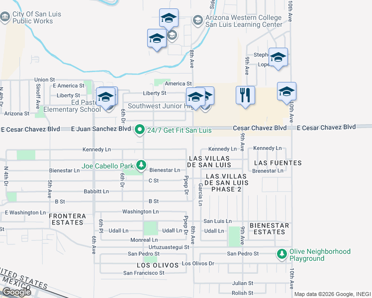 map of restaurants, bars, coffee shops, grocery stores, and more near 9524 Kennedy Lane in San Luis