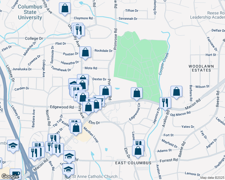 map of restaurants, bars, coffee shops, grocery stores, and more near 2842 Primrose Road in Columbus