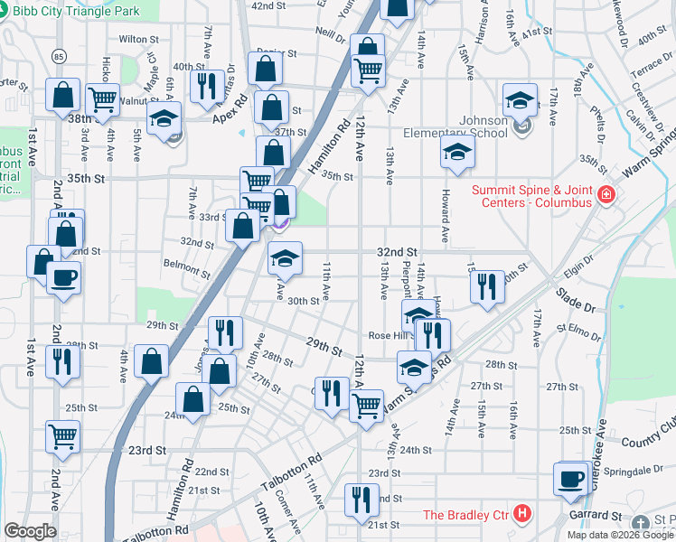 map of restaurants, bars, coffee shops, grocery stores, and more near 1117 31st Street in Columbus