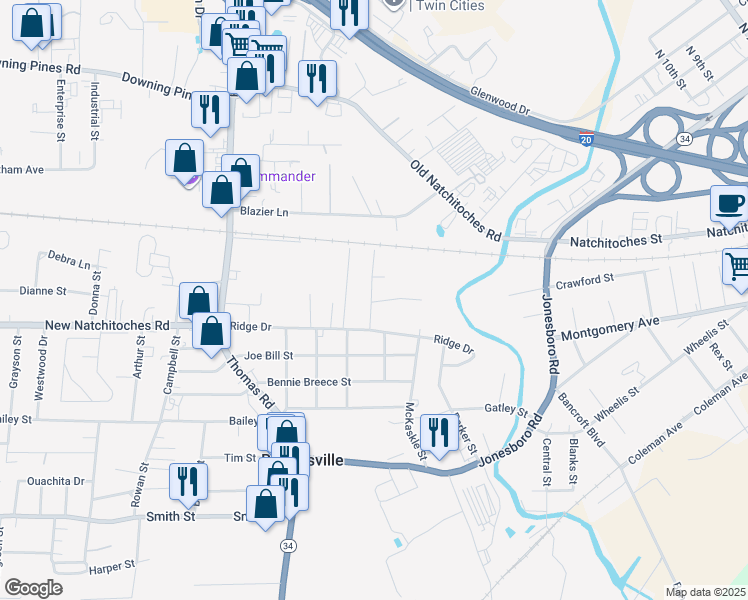 map of restaurants, bars, coffee shops, grocery stores, and more near 200 Cox Street in West Monroe