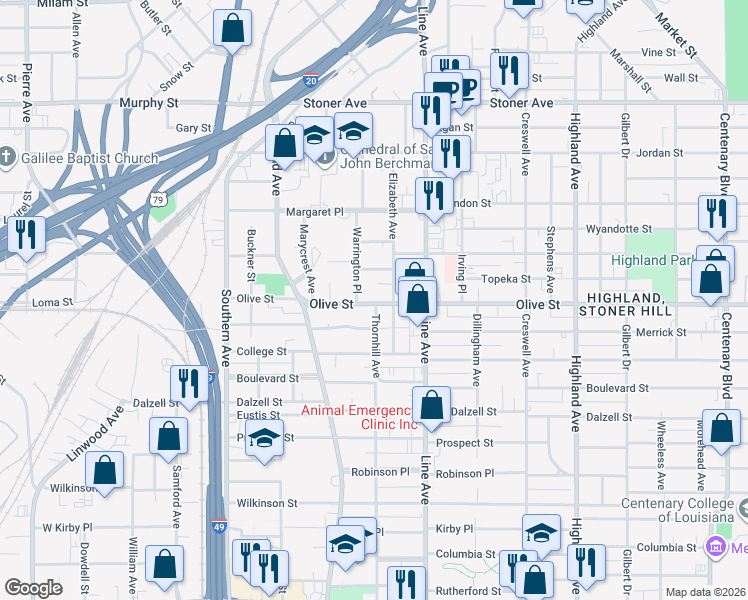 map of restaurants, bars, coffee shops, grocery stores, and more near 864 Olive Street in Shreveport