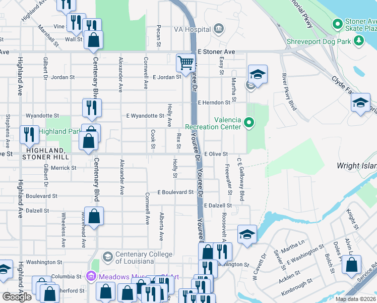map of restaurants, bars, coffee shops, grocery stores, and more near 316 East Olive Street in Shreveport