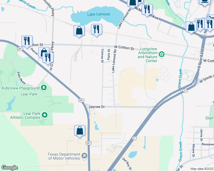 map of restaurants, bars, coffee shops, grocery stores, and more near 1207 Temple Street in Longview