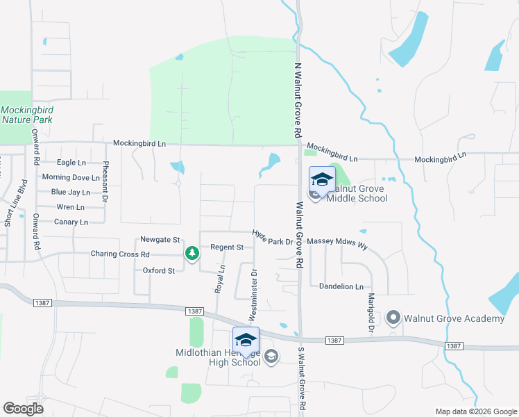 map of restaurants, bars, coffee shops, grocery stores, and more near 934 Westminster Drive in Midlothian