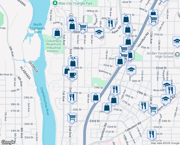 map of restaurants, bars, coffee shops, grocery stores, and more near 3115 5th Avenue in Columbus