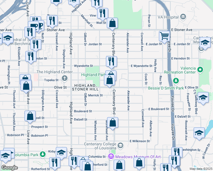 map of restaurants, bars, coffee shops, grocery stores, and more near 234 Olive Street in Shreveport