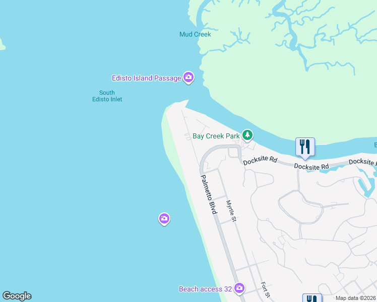 map of restaurants, bars, coffee shops, grocery stores, and more near 3538 Yacht Club Road in Edisto Island