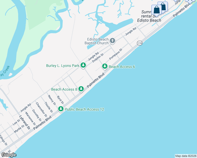 map of restaurants, bars, coffee shops, grocery stores, and more near 616 South Carolina 174 in Edisto Island