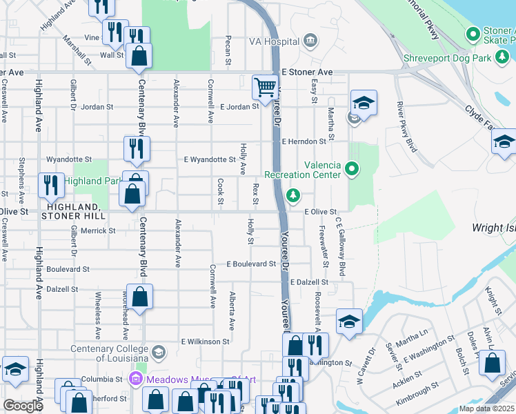 map of restaurants, bars, coffee shops, grocery stores, and more near 316 East Olive Street in Shreveport