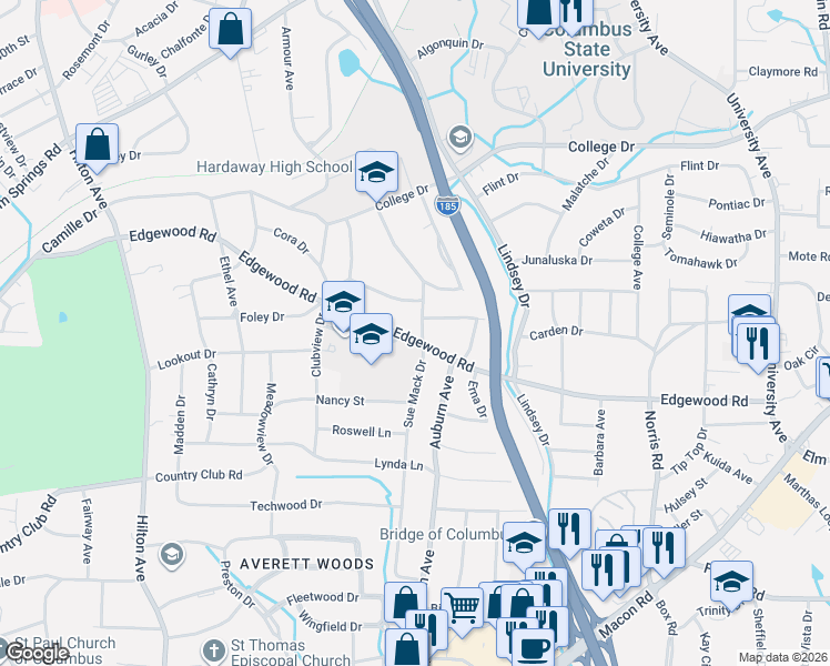 map of restaurants, bars, coffee shops, grocery stores, and more near 3007 Sue Mack Drive in Columbus