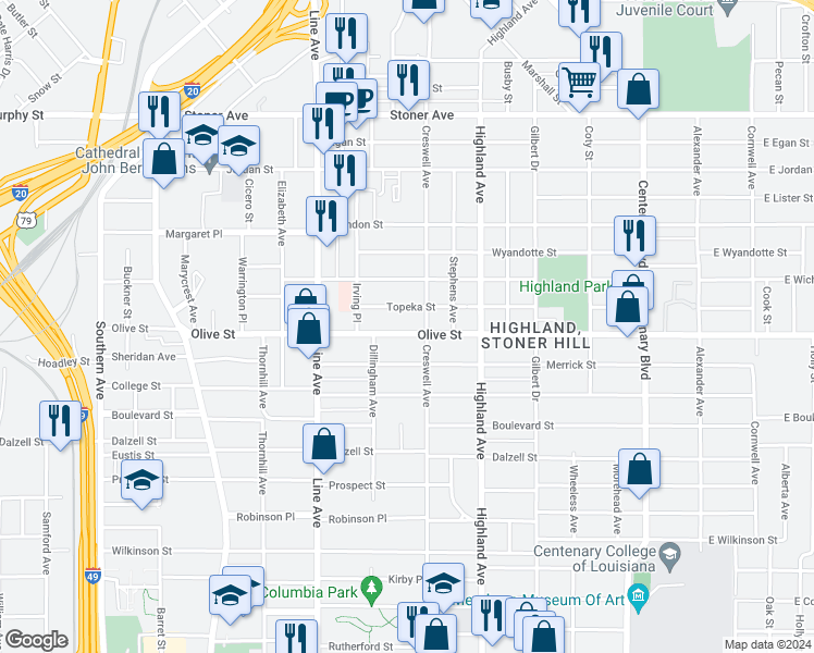 map of restaurants, bars, coffee shops, grocery stores, and more near 618 Olive Street in Shreveport