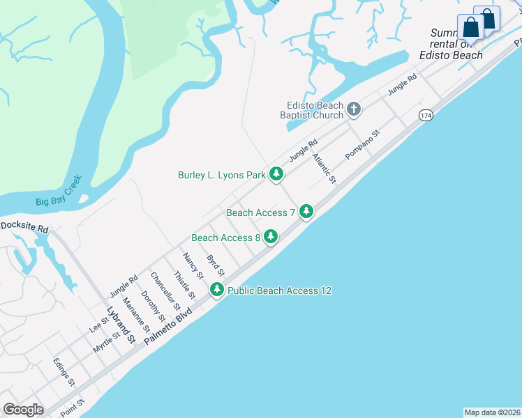 map of restaurants, bars, coffee shops, grocery stores, and more near 709 Sandpiper Ridge in Edisto Island