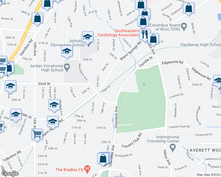map of restaurants, bars, coffee shops, grocery stores, and more near 1816 Elgin Drive in Columbus