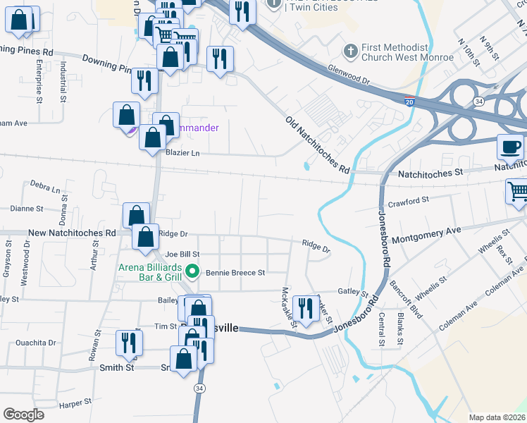 map of restaurants, bars, coffee shops, grocery stores, and more near 200 Cox St in West Monroe