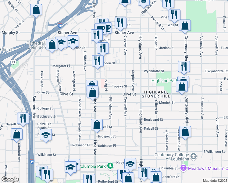 map of restaurants, bars, coffee shops, grocery stores, and more near 650 Olive Street in Shreveport