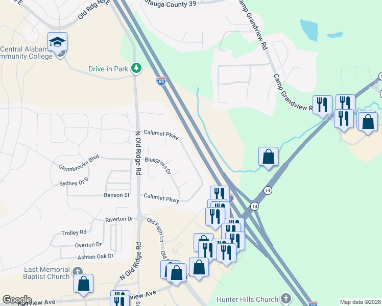 map of restaurants, bars, coffee shops, grocery stores, and more near 1972 Calumet Parkway in Prattville
