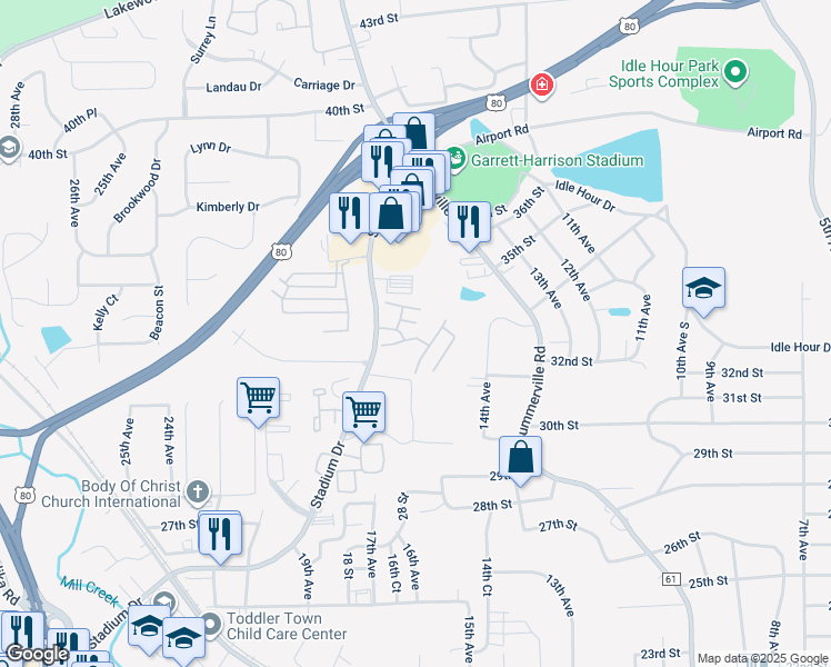 map of restaurants, bars, coffee shops, grocery stores, and more near 3300 Stadium Drive in Phenix City