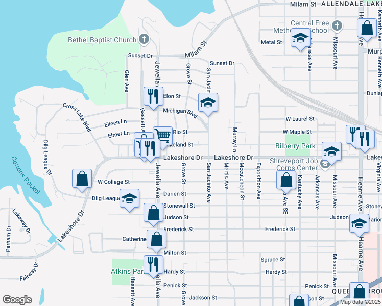 map of restaurants, bars, coffee shops, grocery stores, and more near 3552 Lakeshore Drive in Shreveport